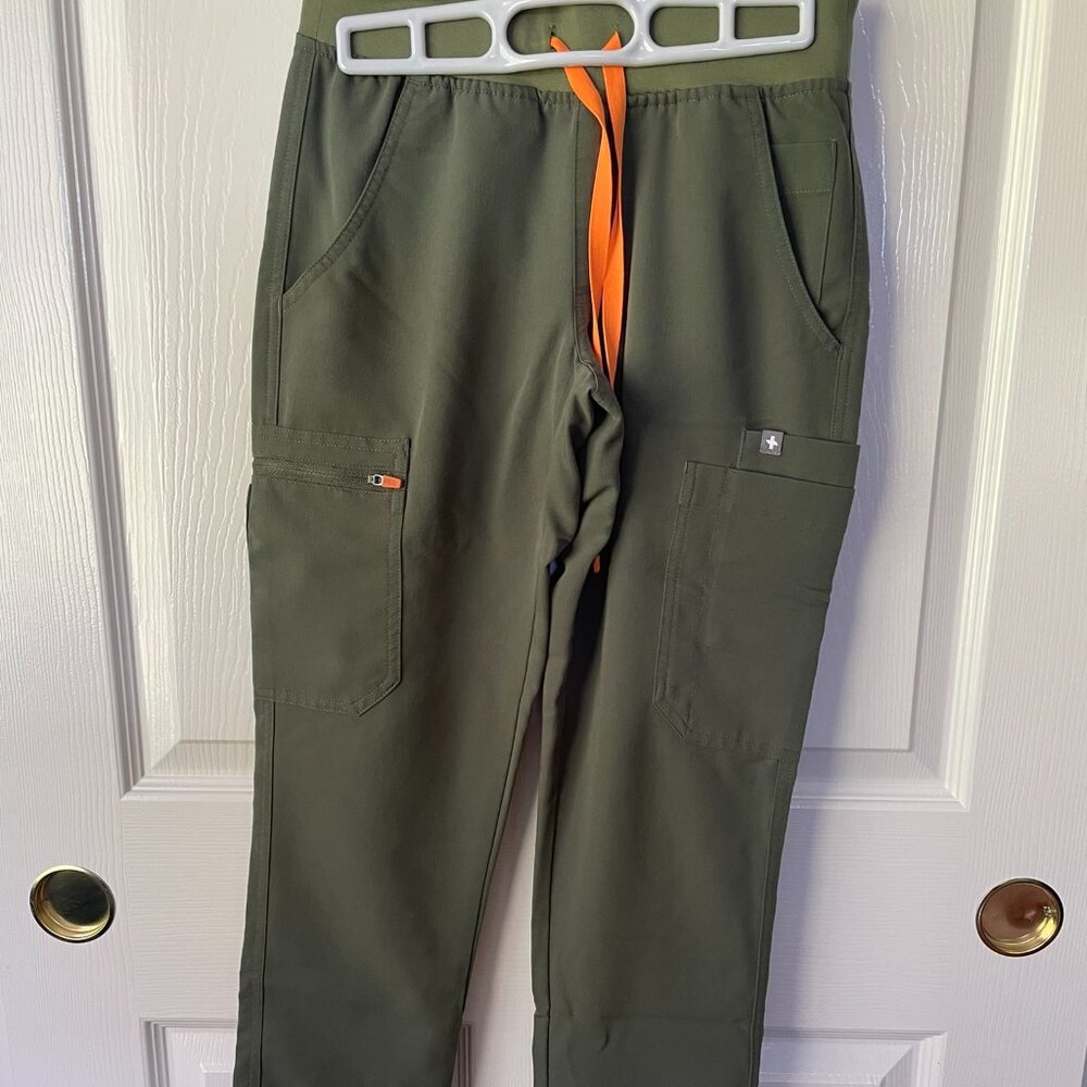 Figs Olive Green Scrub Pants with Orange Drawstring